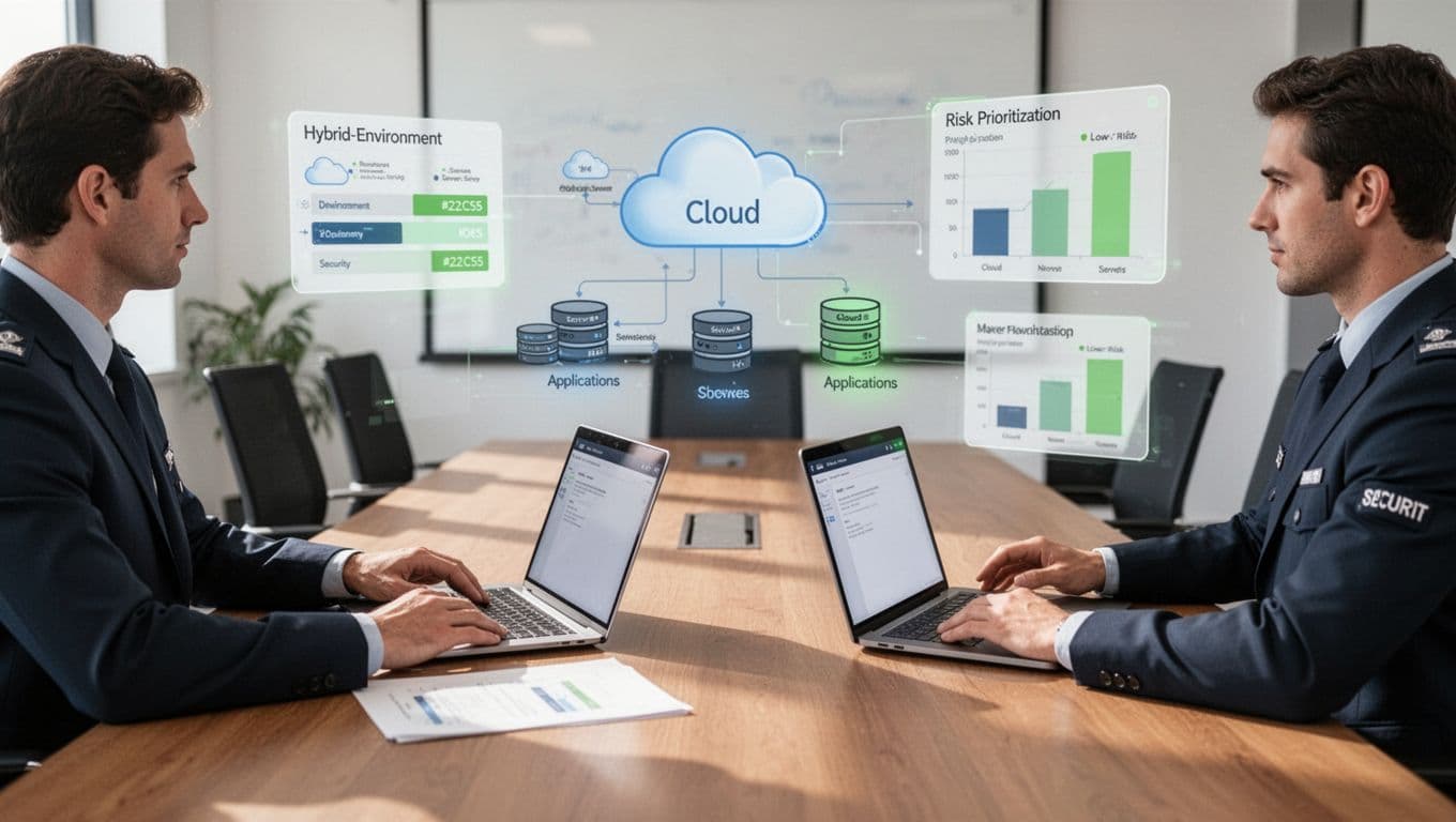 Modern illustration of exactly three security team members collaborating around a conference table with hybrid environment models including cloud, servers, and apps, along with charts showing risk prioritization, laptops, relaxed hands, soft lighting, and green accents on low-risk areas.