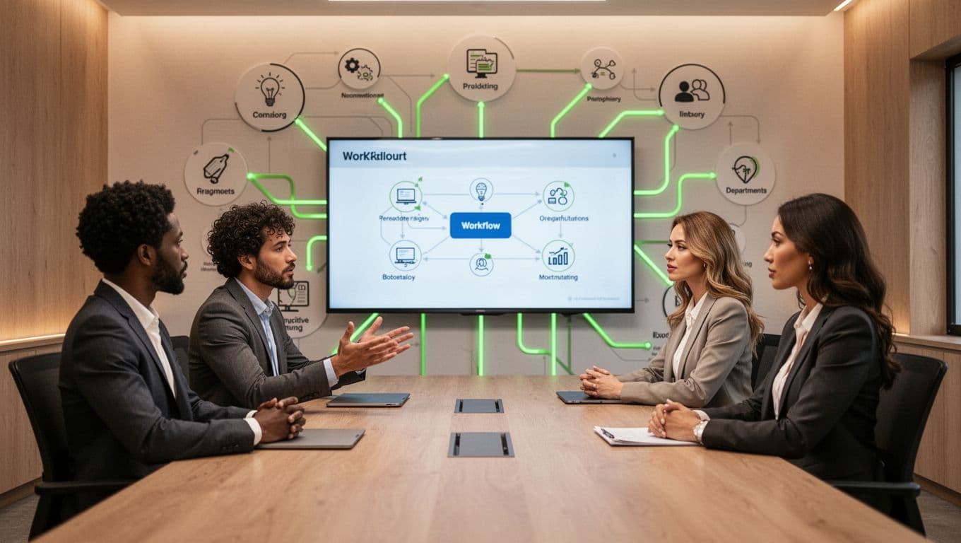 Diverse team of four around conference table discusses security intake on shared screen with connected procurement, legal, and IT icons.