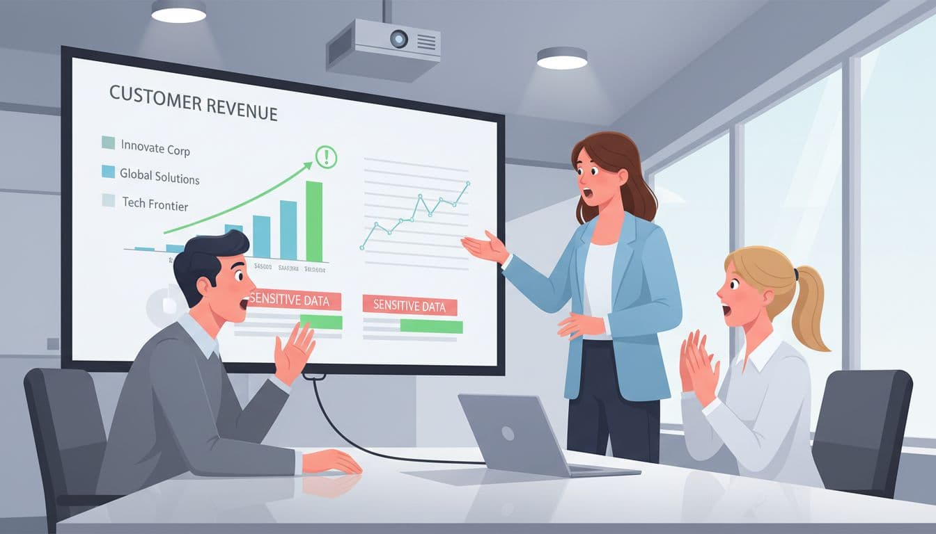 Customer success manager stands by conference table with laptop projecting revenue charts and names; two seated colleagues look surprised.