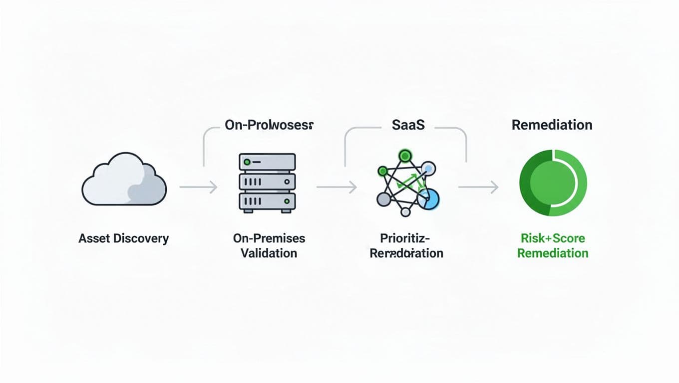 Modern illustration of a flowchart depicting CTEM checklist steps including asset discovery, exposure validation, prioritization, and remediation, connected by arrows with icons for hybrid cloud, on-prem, and SaaS elements in green risk scores on a white background.