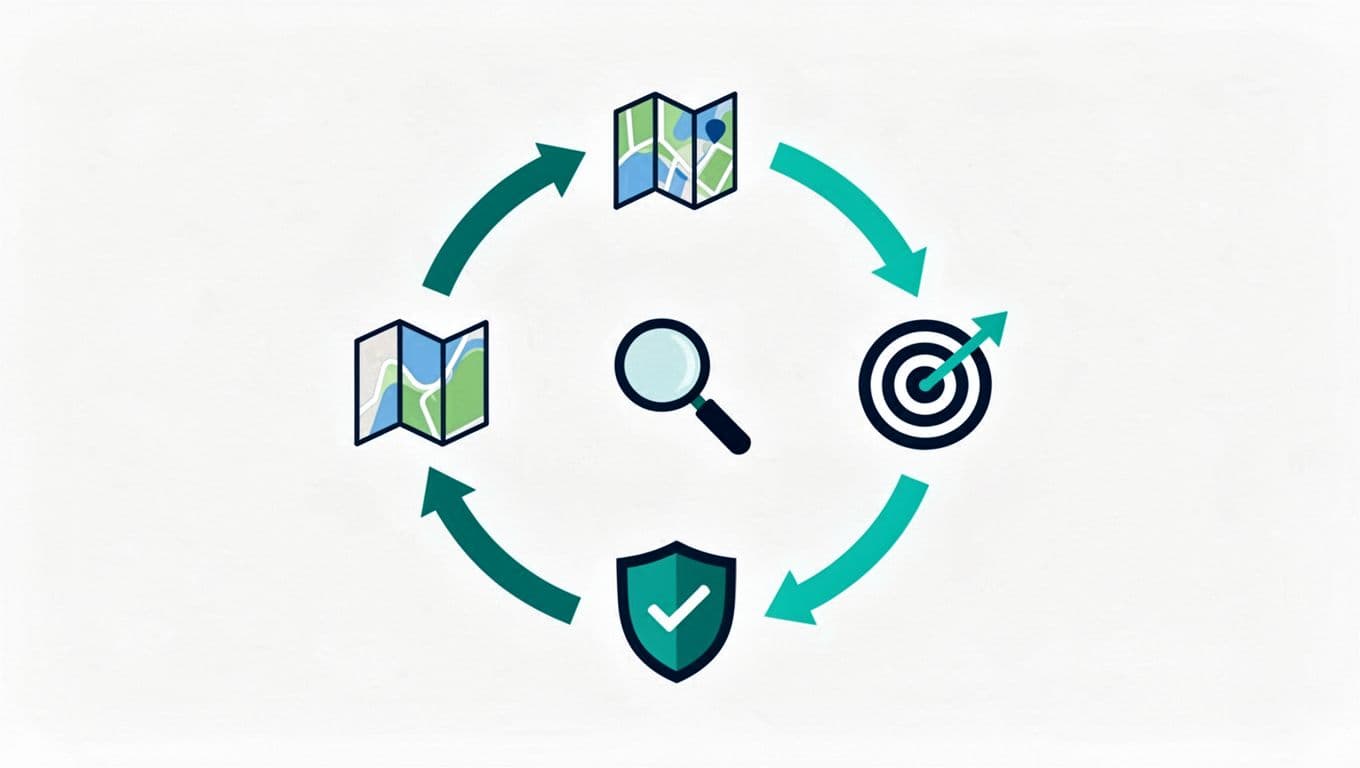 Five icons for CTEM stages—map, magnifying glass, target, check shield, arrow—arranged in circle with connecting arrows in green-blue tones on white background.