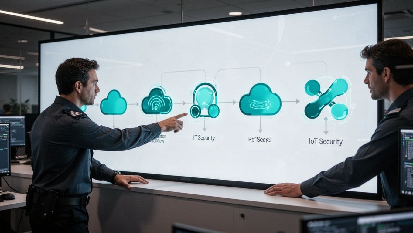 Analyst points to digital board displaying connected nodes of CTEM steps for IoT: discover, prioritize, validate, remediate, monitor.