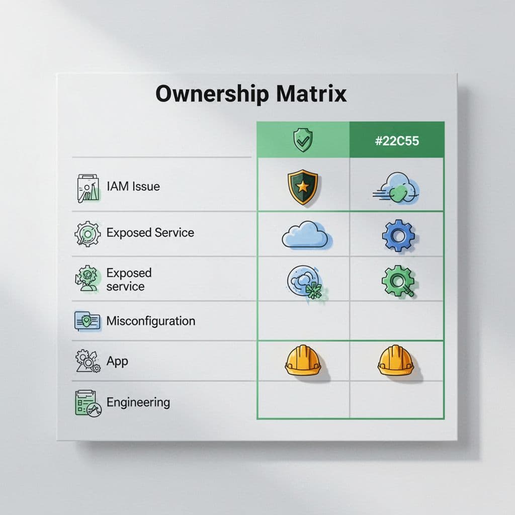 Modern illustration of a CTEM ownership matrix as a simple table with rows for finding types like IAM issues, exposed services, and misconfigurations, and columns for finding owner, remediation owner, validation owner, and exception approver. Features team icons such as security badge, cloud symbol, app gear, and engineering hardhat on a clean white background with green accents.