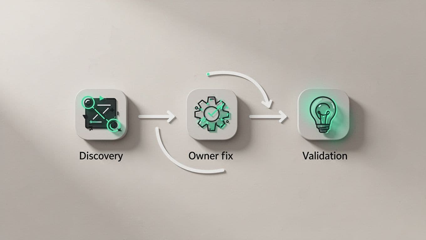 Modern illustration featuring a simple flowchart of the CTEM remediation workflow, from discovery to owner fix and validation, with clean shapes, arrows connecting steps, #22C55E accents on key elements, neutral background, and no text or people.