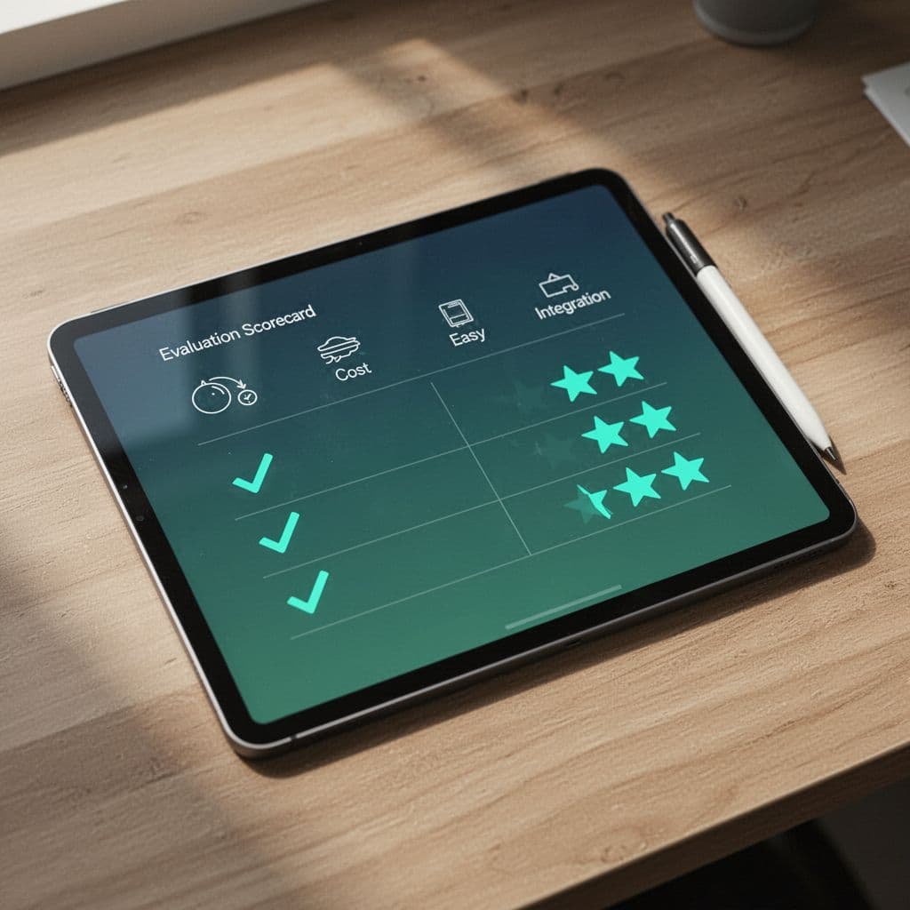 Scorecard on desk displays category icons, checklists with checkmarks, and rating stars in green-blue tones.