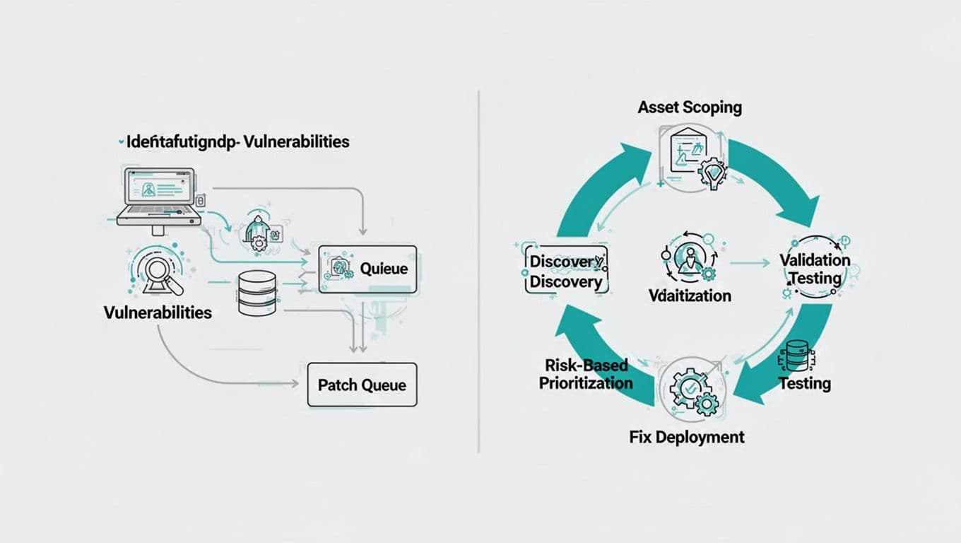 Modern illustration in clean shapes and controlled colors depicting side-by-side workflows: traditional vulnerability management with scanner detecting CVEs leading to patch queue on the left, and CTEM continuous cycle with scoping, discovery, prioritization, validation, and mobilization on the right, accented in #22C55E.