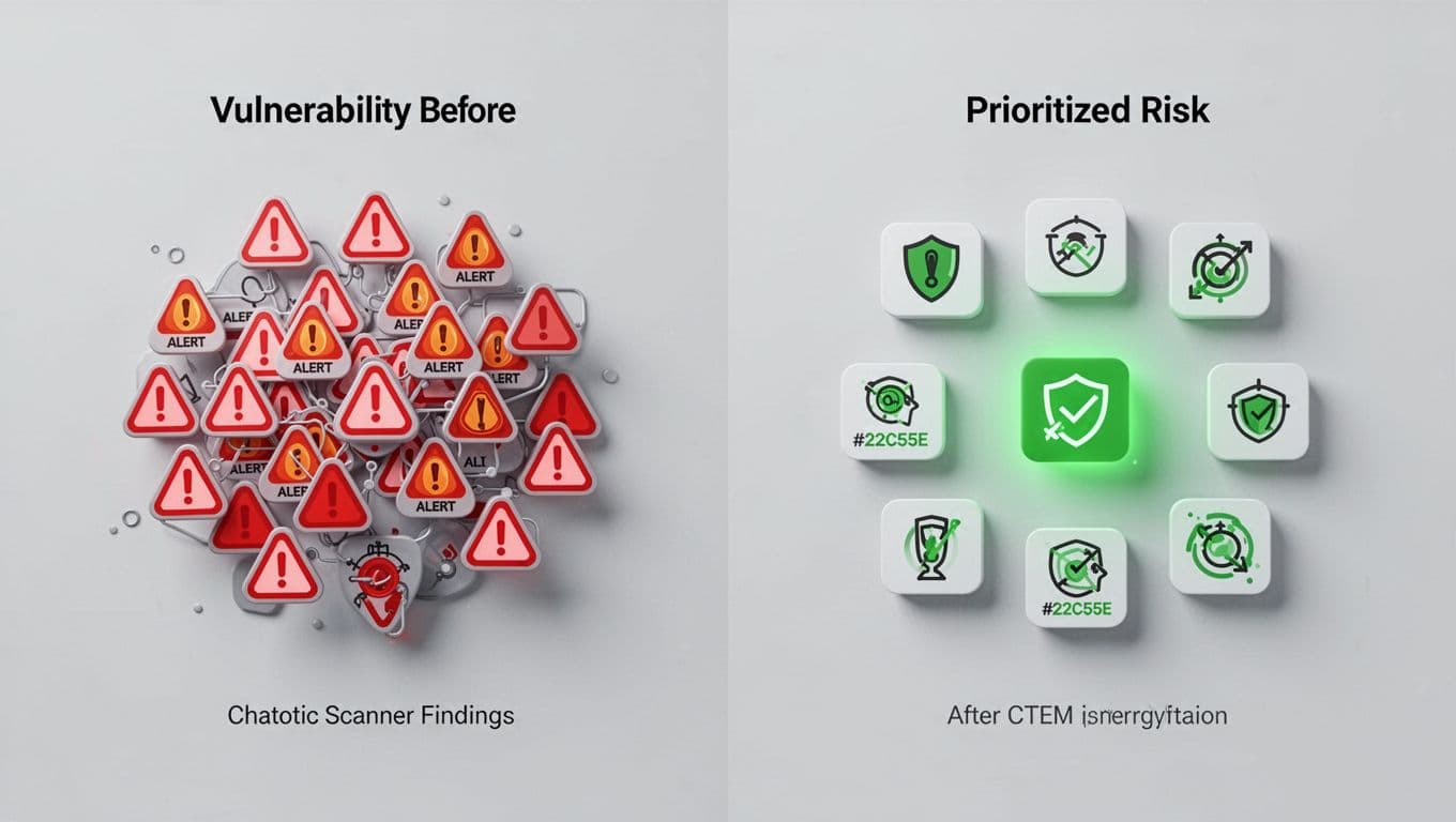 Split-screen chart shows chaotic alerts on left versus prioritized green-highlighted risks on right.