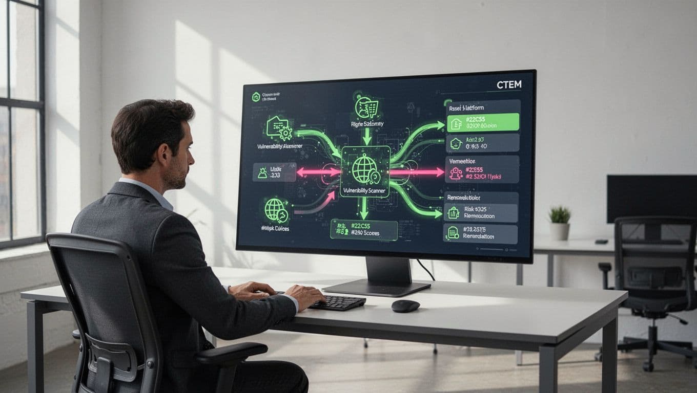 Central dashboard shows data flow from Tenable and Qualys icons into CTEM platform with arrows linking assets, risk scores, and remediation tasks. Analyst views screen in clean office.