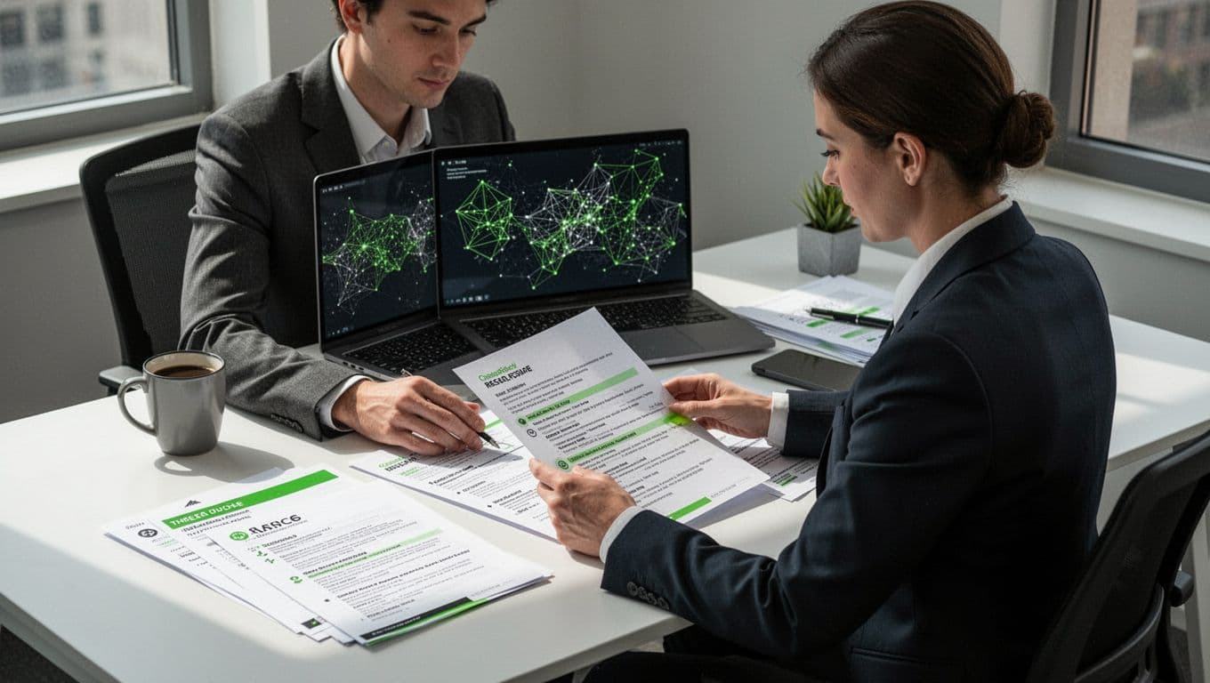 Modern illustration of a professional recruiter at a desk reviewing resumes and threat intelligence reports, with a laptop displaying abstract network maps and a coffee mug nearby in a clean office setting.