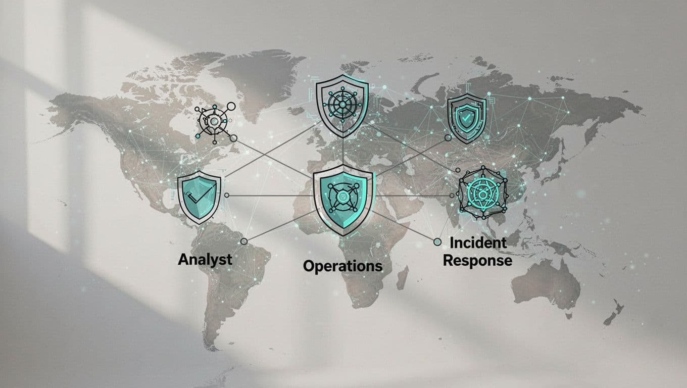 Modern illustration of icons representing CTI roles like threat analyst, SOC operator, and DFIR specialist, interconnected in a network with a subtle global threat map background. Features balanced composition, soft lighting, clean shapes, and green accents.