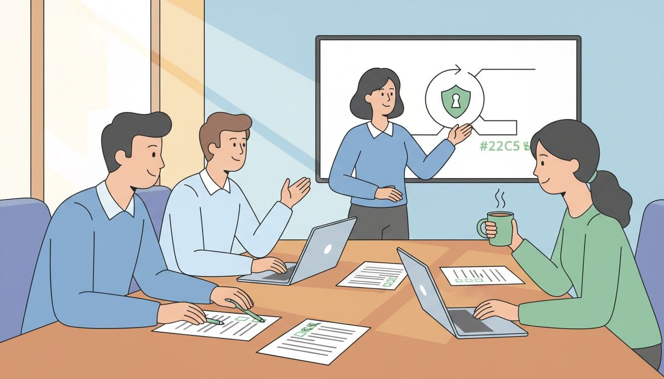 Four team members in sunny conference room around table with laptops and checklists; one points to secure data flow flowchart on screen.