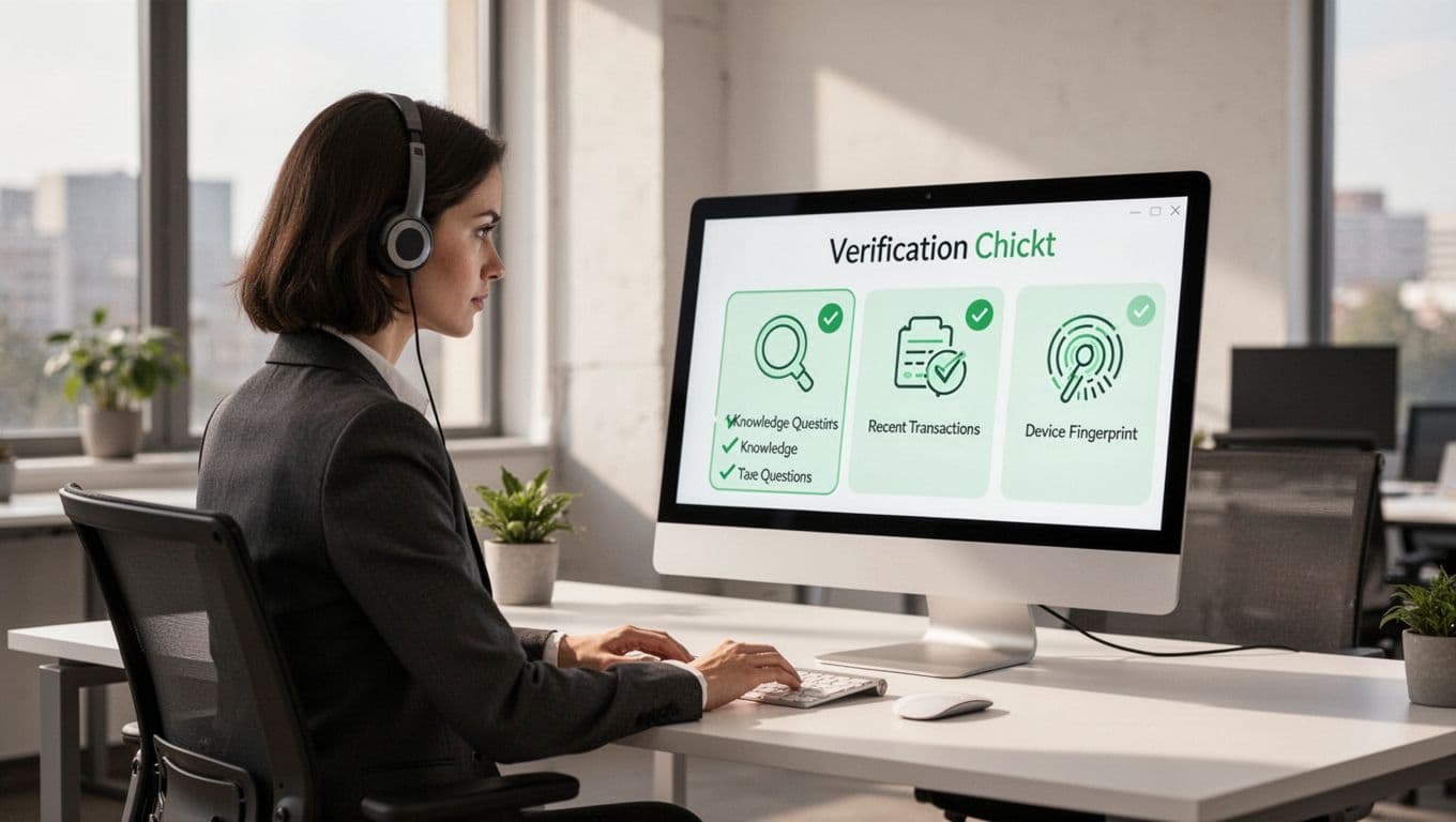 A focused customer support agent at a desk examines a verification checklist on their computer screen, displaying icons for knowledge-based questions, recent transactions, and device fingerprint in a modern office setting with soft lighting.