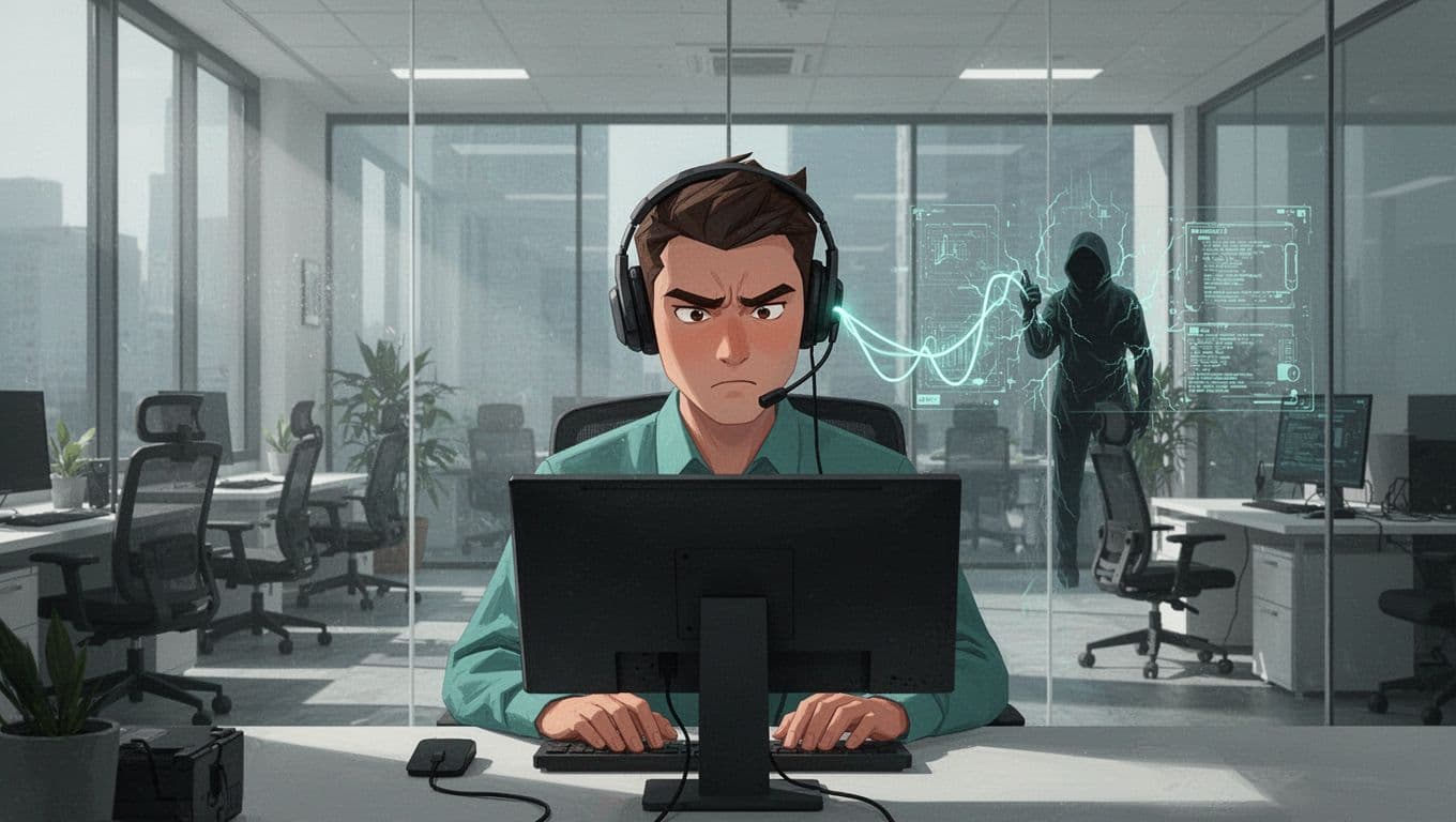 Customer support agent in modern office wearing headset, looking concerned at computer screen during suspicious customer call, subtle hacker silhouette in background on phone line, modern illustration style.