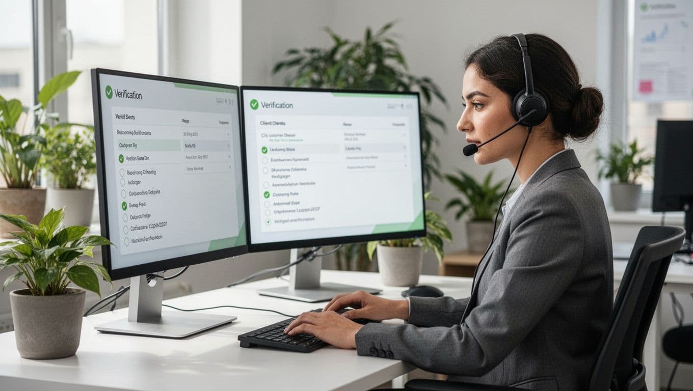 Customer support agent with headset reviews verification checklist on dual screens in plant-filled office.