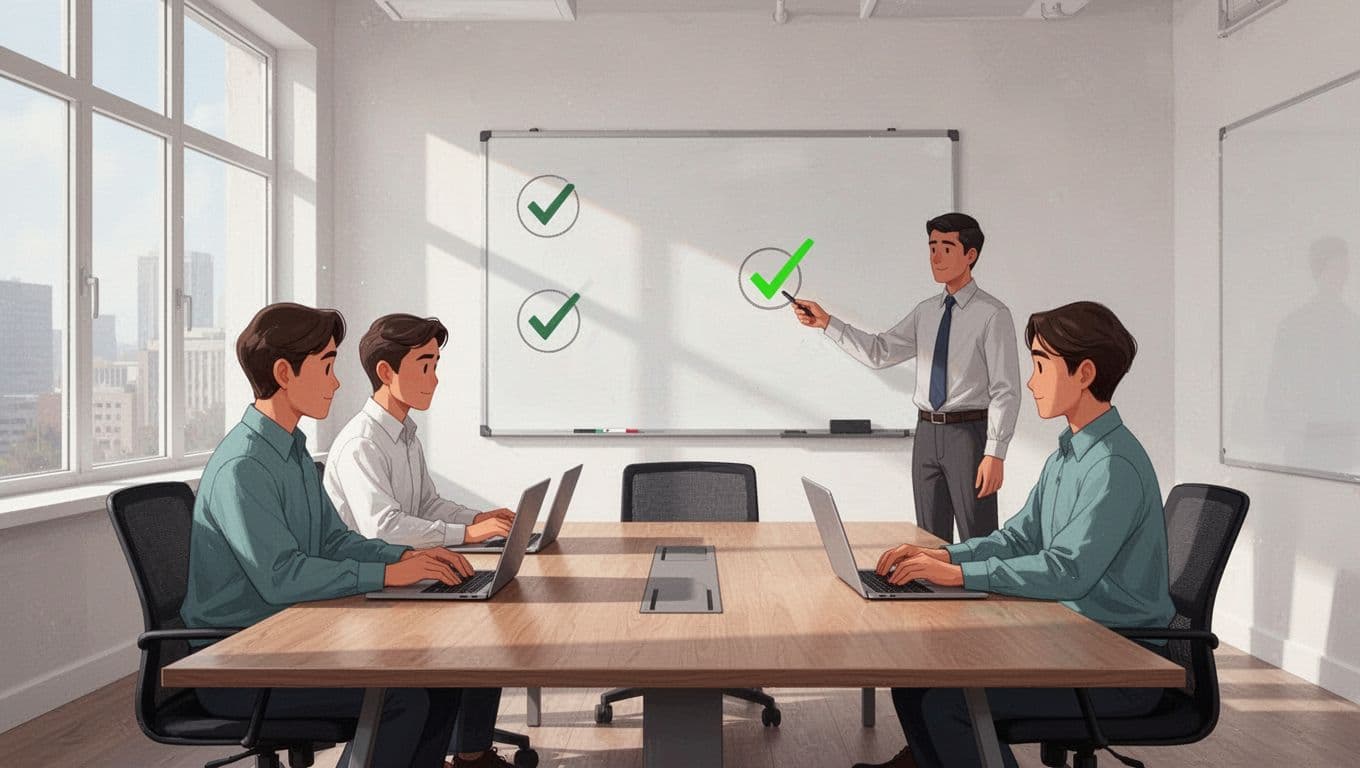 Four customer support agents gathered around a table with laptops and a whiteboard in a bright conference room, engaged in account takeover prevention training, modern illustration style.