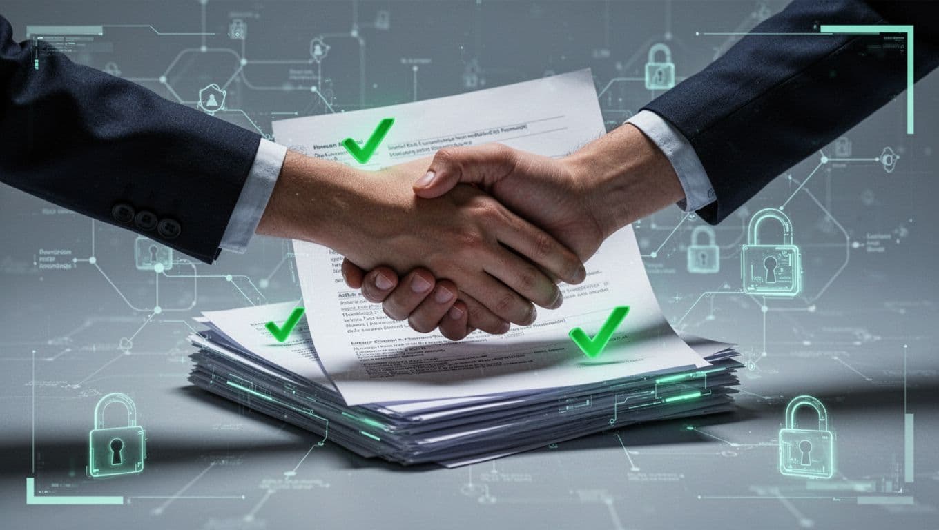 Modern illustration of a handshake over cyber-themed documents featuring green checkmarks, with a background of network diagrams and locks, symbolizing the evaluation and selection of staffing partners.