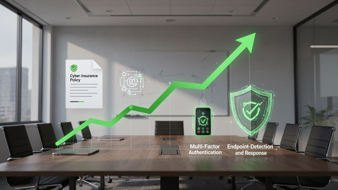 Modern illustration featuring an upward trending graph with cyber insurance policy icons, MFA devices, and EDR shields in a 2026 style abstract business meeting room.