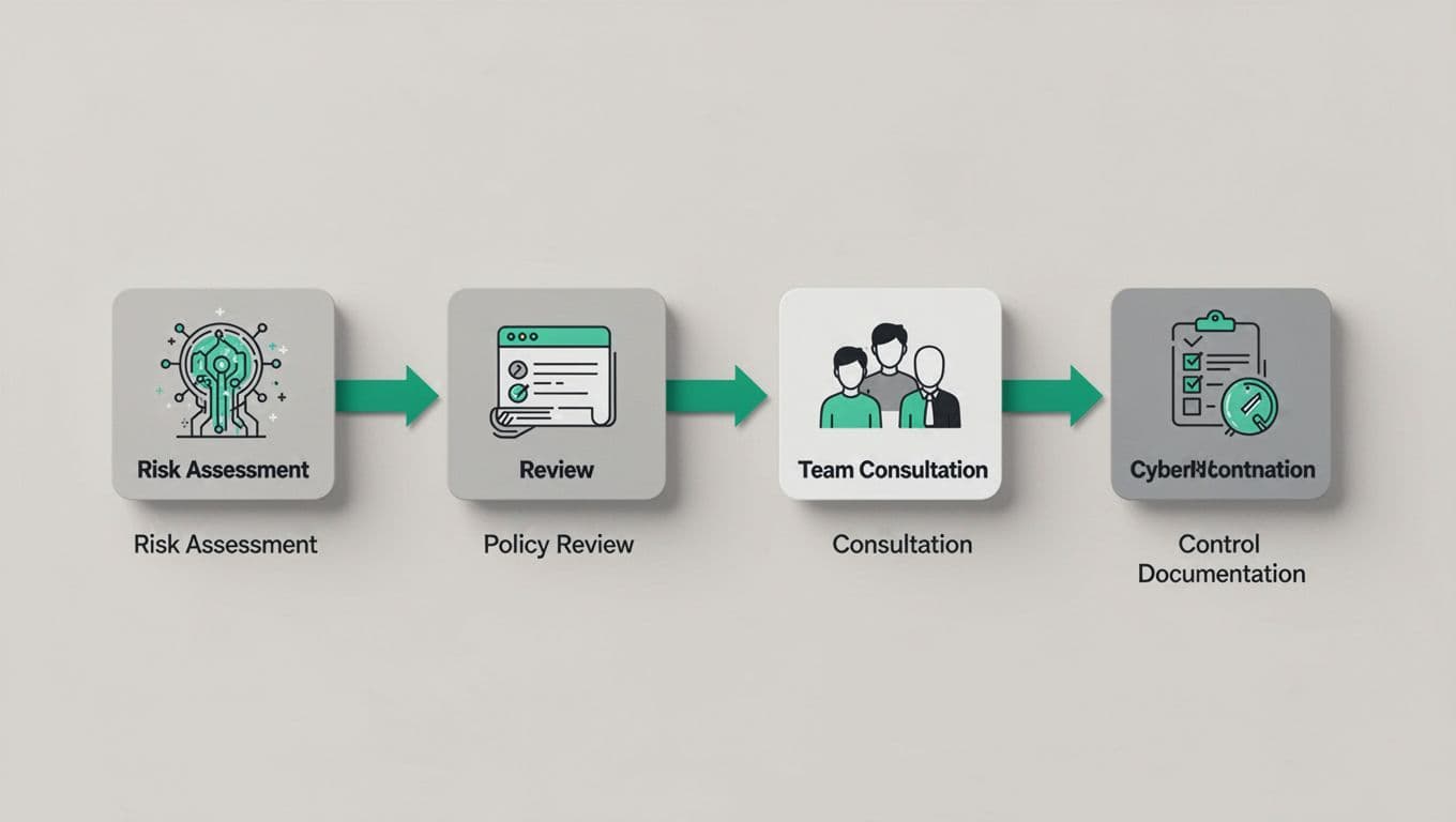 Horizontal flowchart of cyber insurance review steps with simple icons, green-accented arrows and boxes.