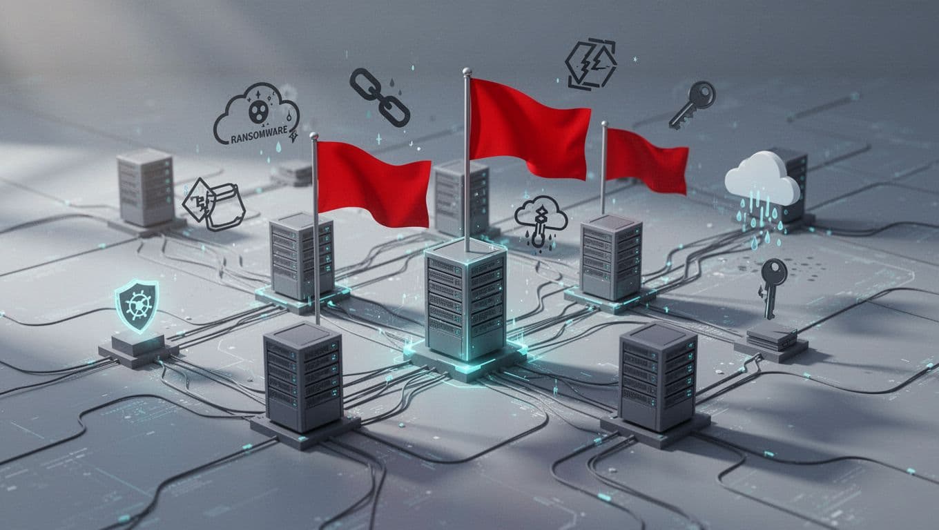 Modern illustration of red flag warning symbols emerging from a corporate network diagram, featuring ransomware, supply chain breaks, cloud leaks, and access keys against interconnected servers.