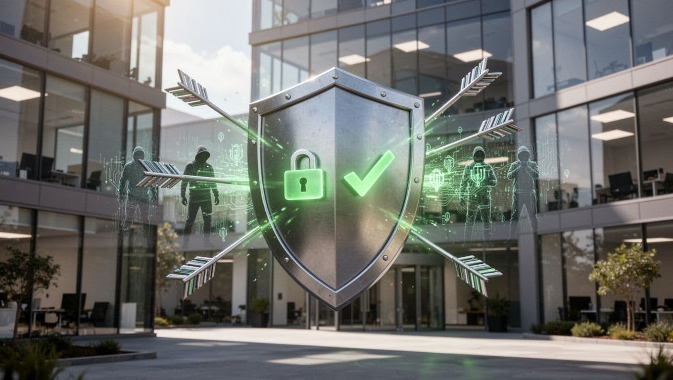 Modern illustration showing a secure network shield protecting a building from cyber threats like arrows and hacker icons after a strategy session. Positive elements include green locks and checkmarks, with clean abstract design.