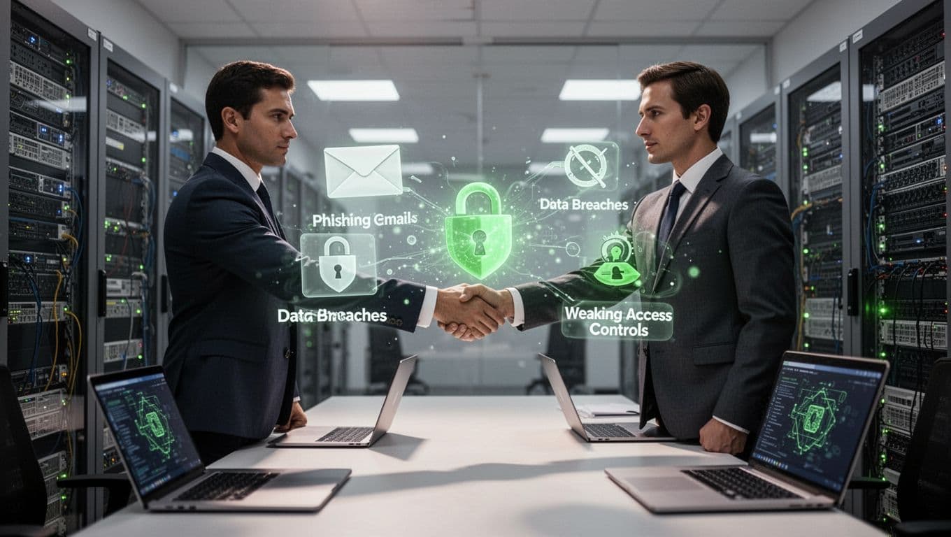 Modern illustration of executives shaking hands on a merger deal, surrounded by floating cybersecurity threat icons like phishing emails, data breaches, and weak access controls, set against an office with servers and laptops.