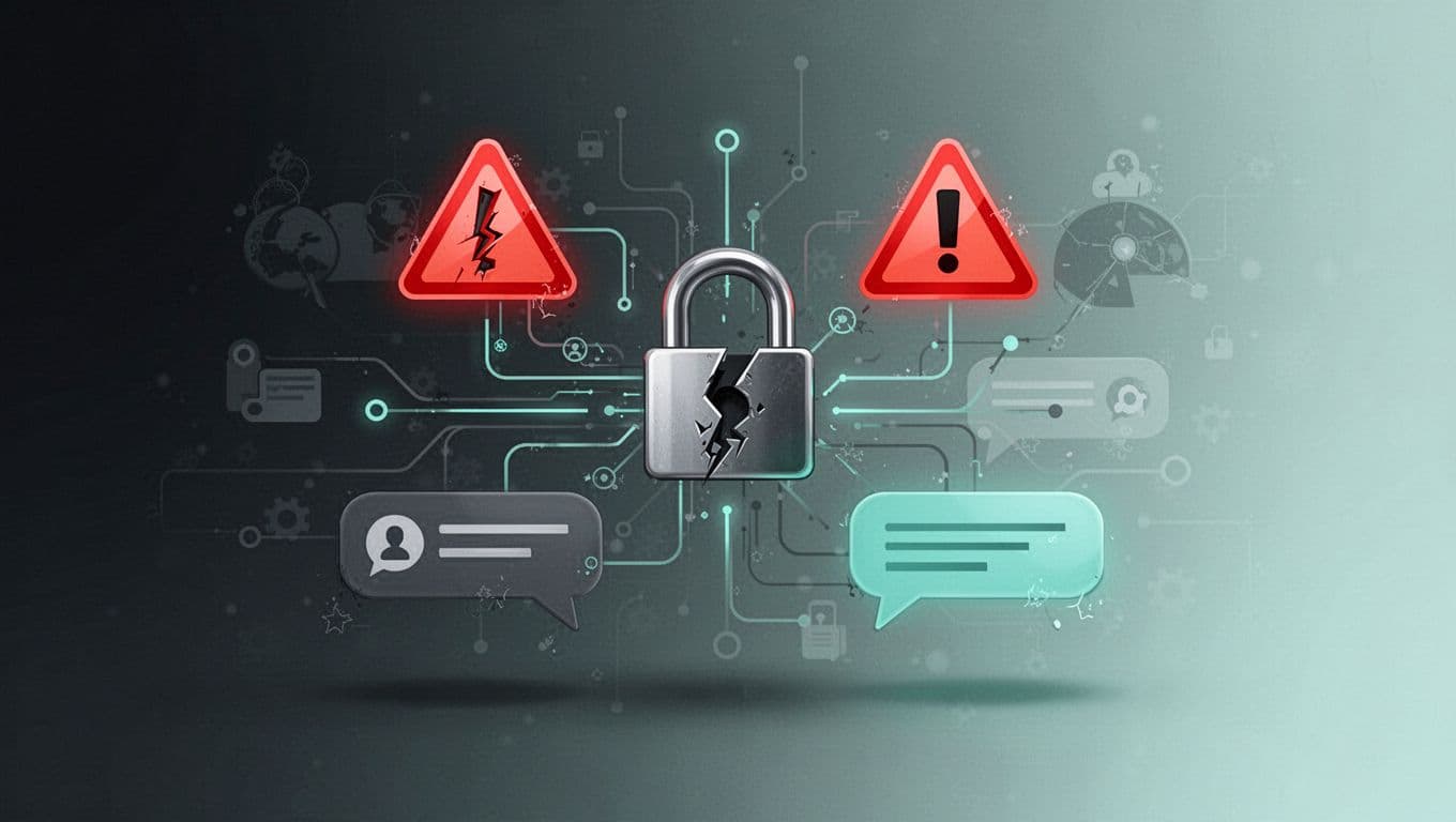 Modern illustration of warning signs with red flags and broken lock alerts over abstract network channels and chat bubbles on a dark-to-light background with subtle green accents.