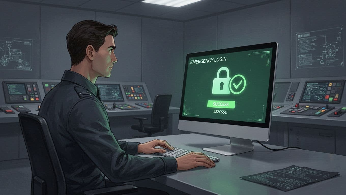 Cybersecurity admin in control room tests emergency login on desktop with glowing screen and green authentication icons.