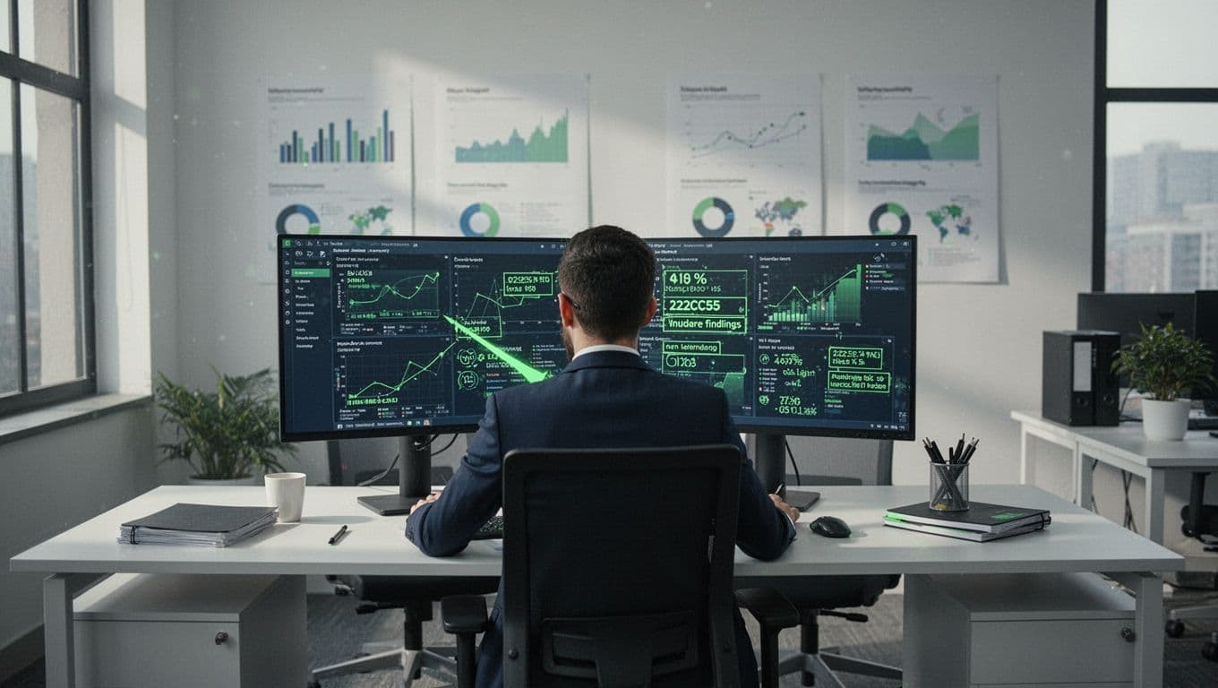 Modern illustration of a cybersecurity professional seated at a desk, reviewing CTEM findings on a screen and highlighting issues for team owners. The office background includes charts, with clean shapes, controlled colors, natural lighting, and #22C55E accents.