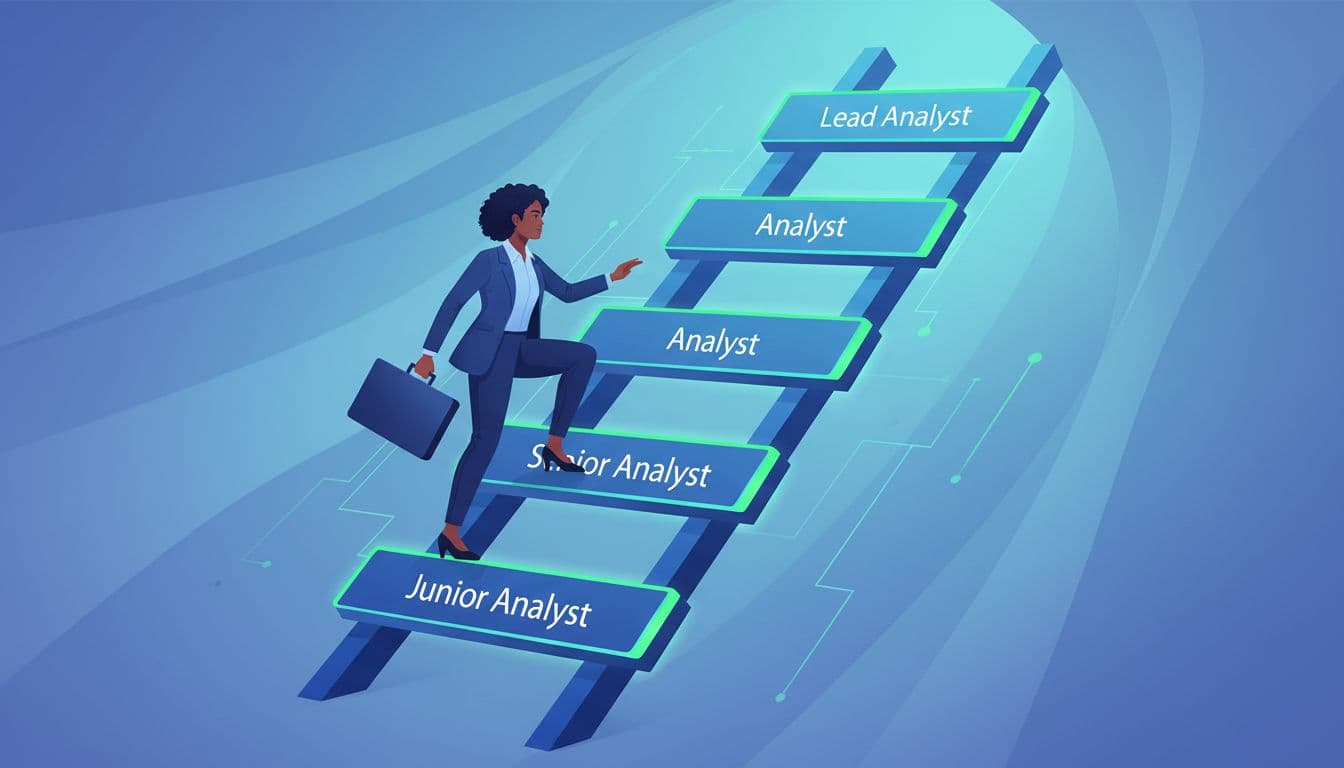 Professional climbs ladder with rungs labeled Junior Analyst, Analyst, Senior Analyst, Lead Analyst on blue gradient background.