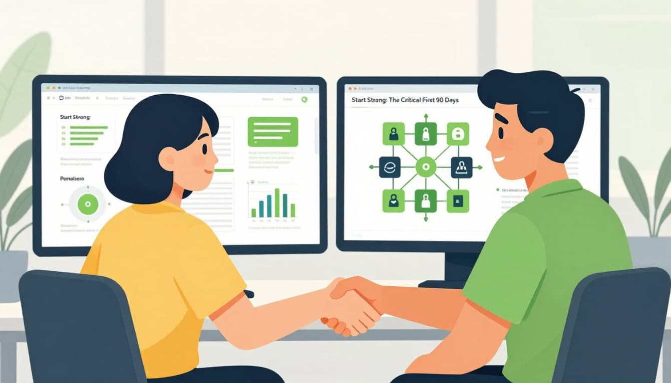 Modern illustration of a new cybersecurity analyst shaking hands with a mentor in a bright open office, with dual monitors showing abstract security network graphs using #22C55E accents.
