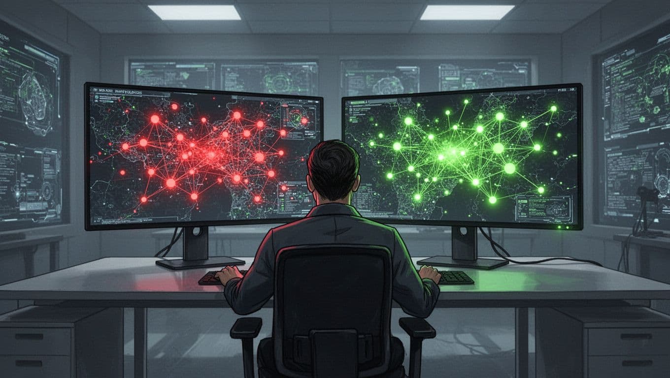 A cybersecurity professional seated at a modern desk in a control room monitors dual screens displaying abstract network maps with risk nodes transitioning from red to green after mitigation, in a clean modern illustration style.