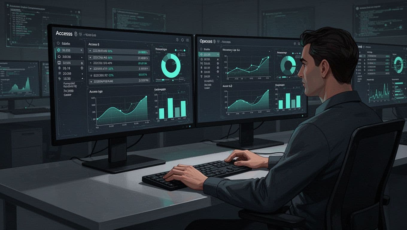 A cybersecurity team member reviews access logs on dual monitors in a secure operations center with a dark mode theme and green data highlights. Modern illustration style focuses on screens and keyboard with clean shapes and dim lighting.