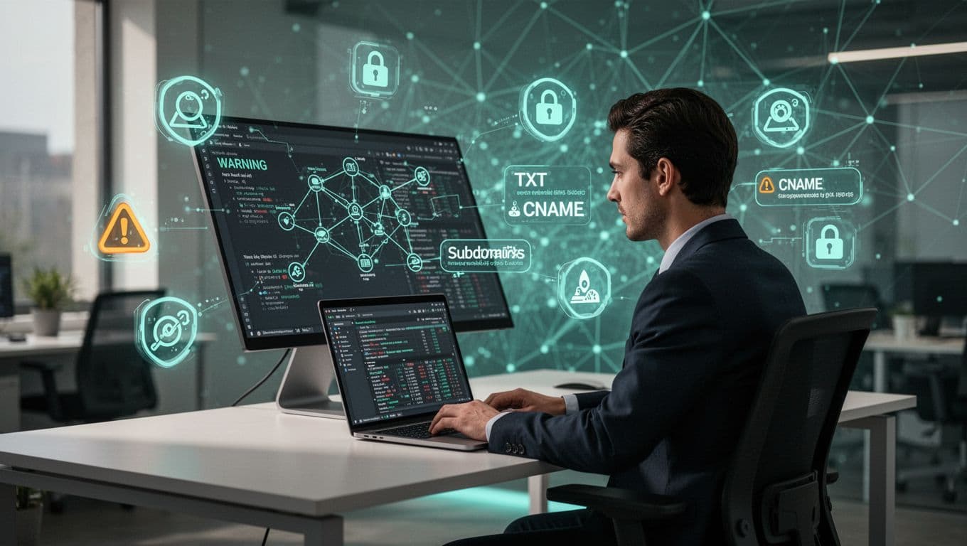 Analyst at desk reviews angled laptop screen with floating subdomain, TXT, and CNAME icons amid digital network background.