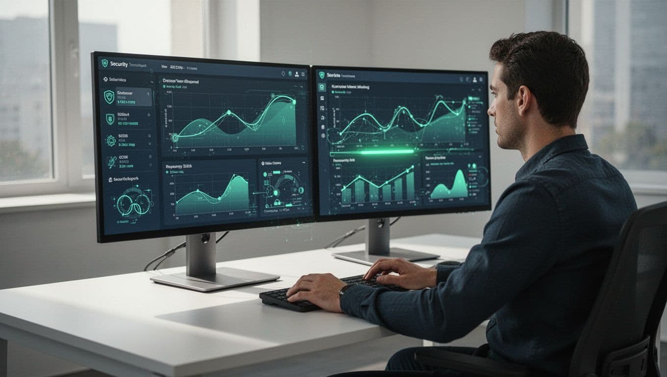 Cybersecurity analyst at modern office desk reviews abstract charts on dual monitors.