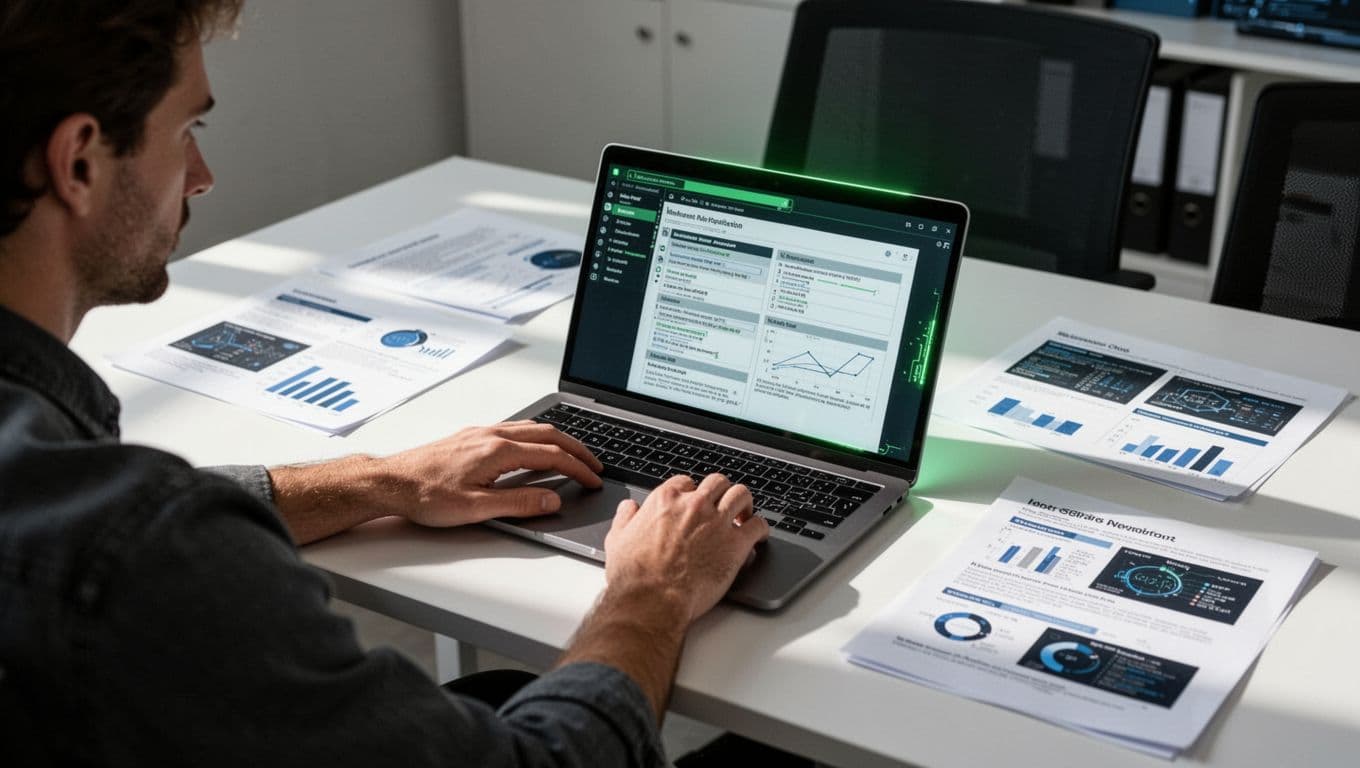 Modern illustration of a cybersecurity analyst at a desk intently reviewing a detailed red team report on a laptop screen, surrounded by printed documents featuring charts and screenshots in a clean office with soft natural light.