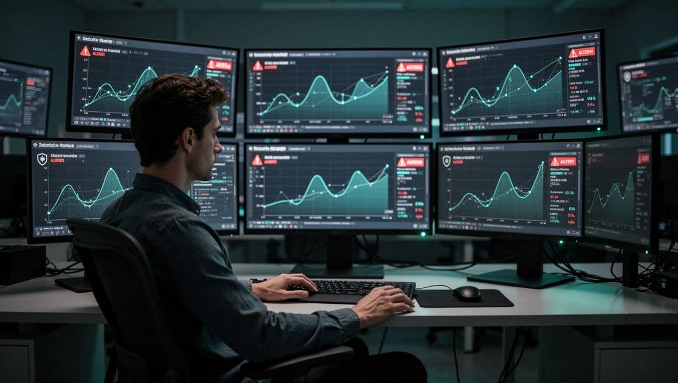 Modern illustration of a cybersecurity analyst seated at a console with multiple screens showing alerts and graphs for incident response in a dimly lit, focused SOC environment.
