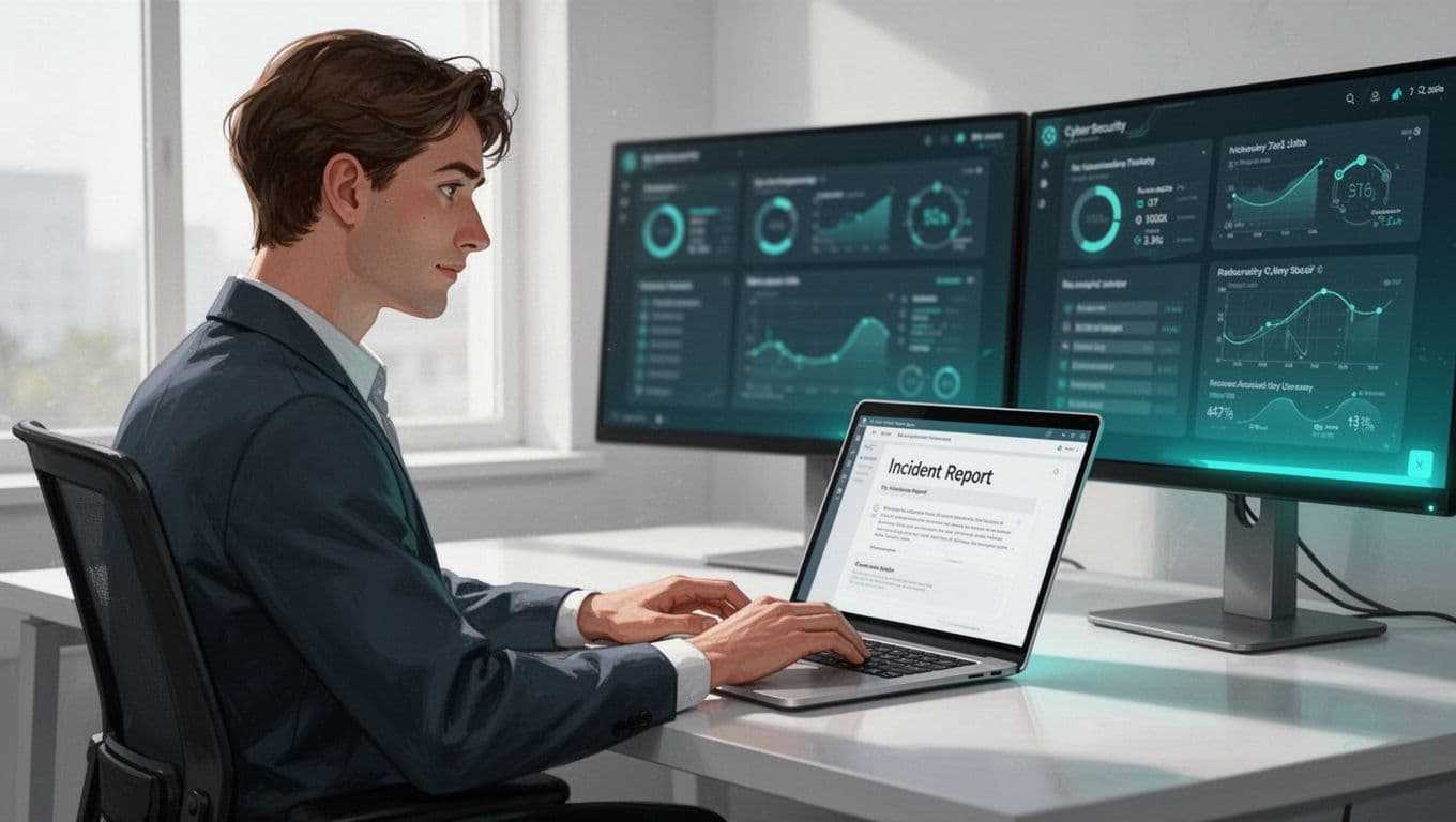 Cybersecurity analyst seated at a modern office desk, typing an incident report on a laptop with dual monitors displaying blurred security dashboards and alerts in the background. Side-angle composition focuses on hands on keyboard and thoughtful expression in a clean, modern illustration style with natural daylight.