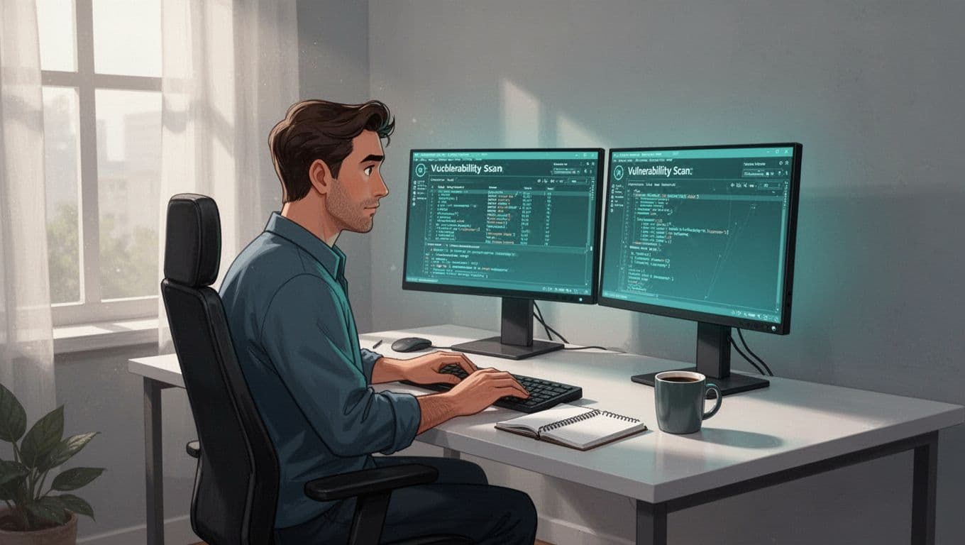 Mid-level cybersecurity analyst seated at a modern desk in a home office, reviewing vulnerability scan results on dual monitors with a focused expression, notebook and coffee nearby, in modern illustration style.