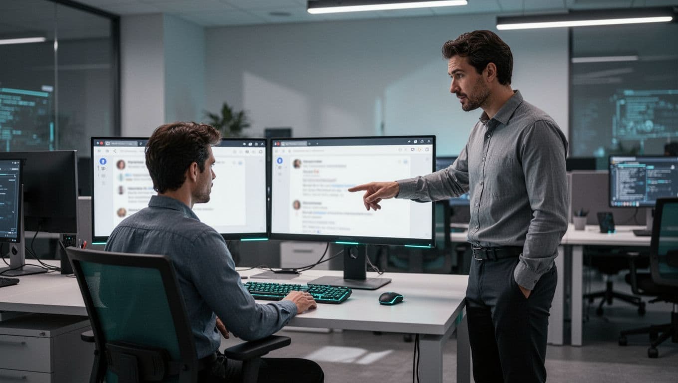 Modern illustration of two cybersecurity analysts in a SOC room: one seated at dual monitors with blurred email interfaces, the other standing and pointing relaxed at the screen, focusing on collaboration with soft lighting and green accents.