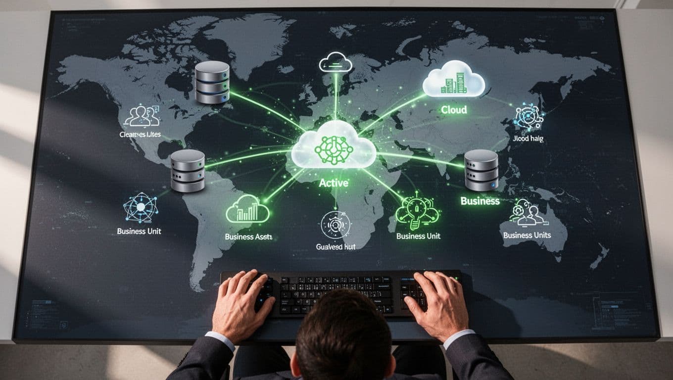 One analyst at dashboard views servers and clouds on world map connected to Finance and HR labels.