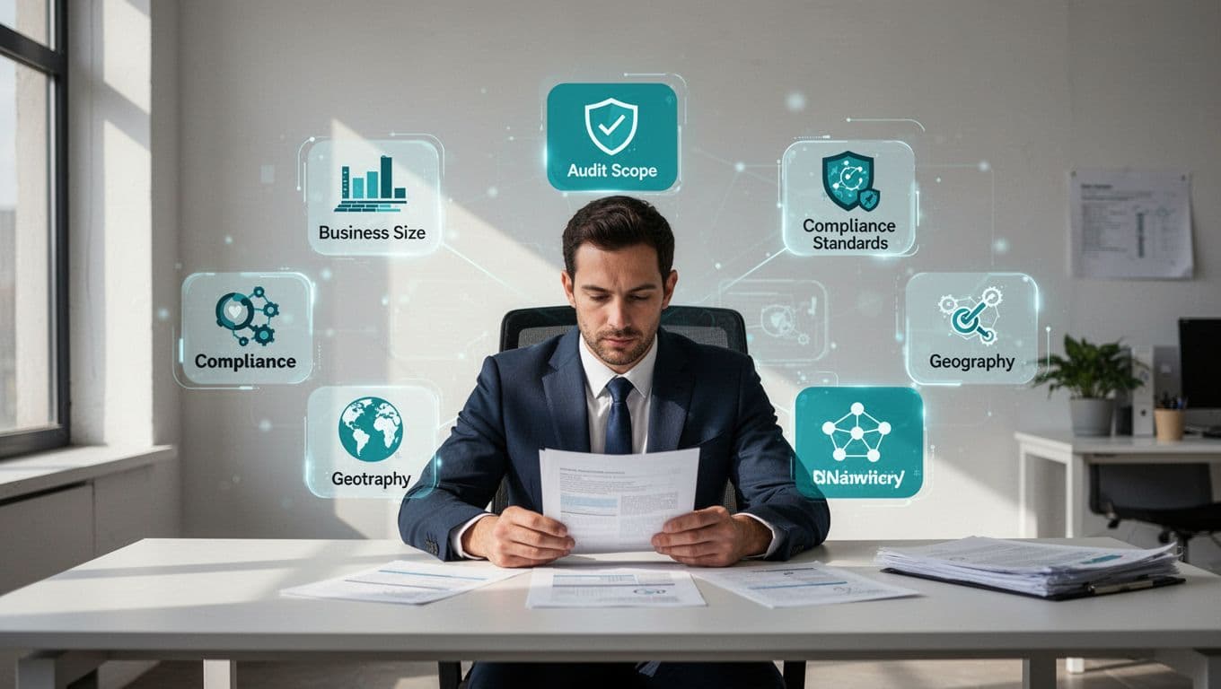 Modern illustration of a cybersecurity consultant at a desk reviewing documents amid floating icons representing business size, audit scope, compliance standards like SOC2 and HIPAA, geography, and complexity.