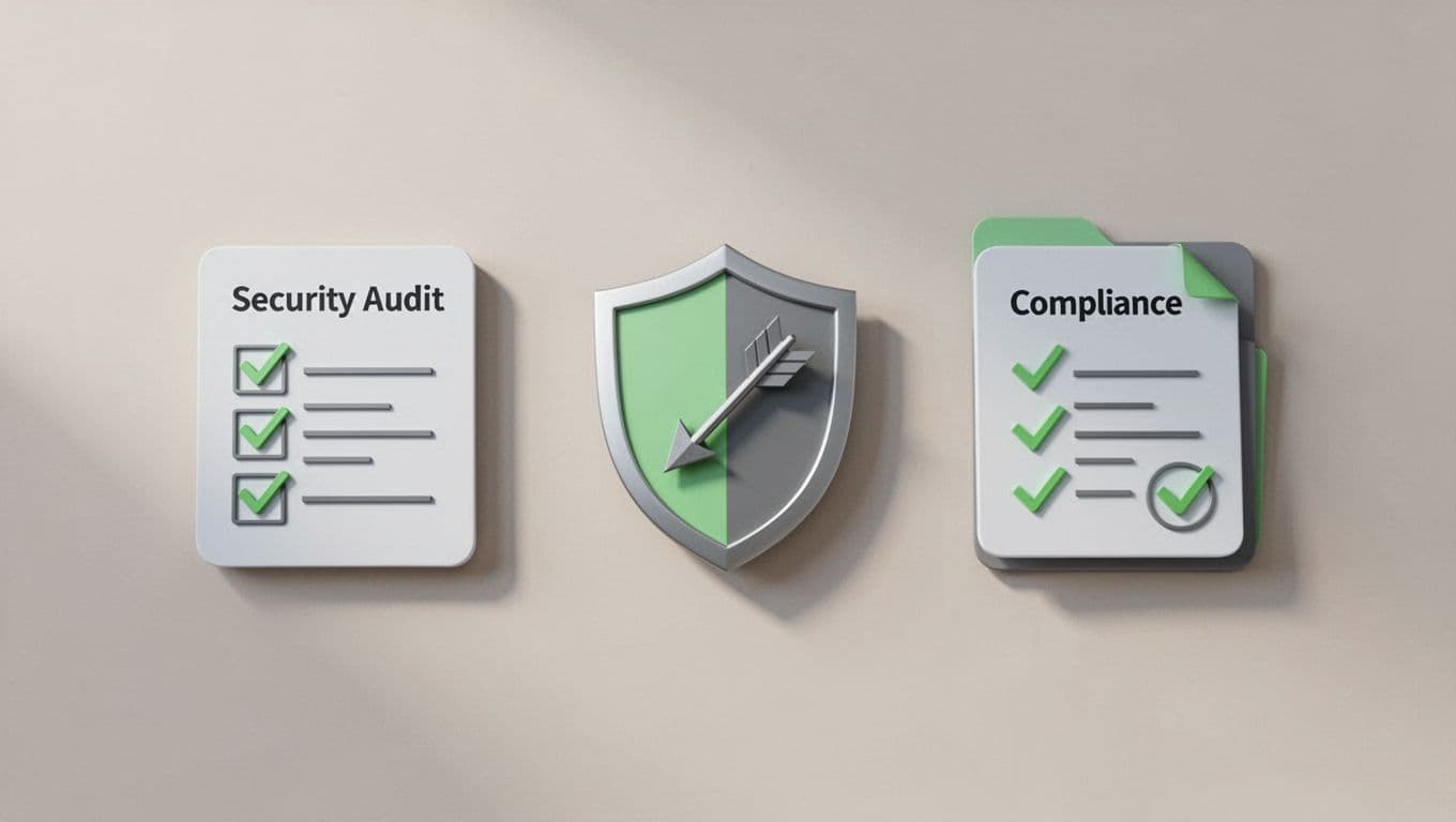 Modern illustration of three clean icons for cybersecurity services: security audit checklist on desk, penetration testing shield with arrow, and compliance folder with checkmarks, arranged side by side in a row with green accents and simple backgrounds.