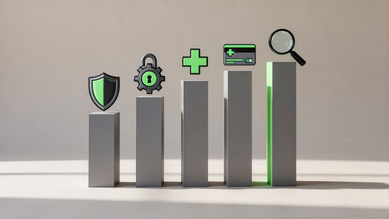 Modern illustration in clean shapes showing a tiered bar chart with rising price bars for SMB and enterprise cybersecurity audits, featuring icons for SOC 2 (shield), ISO 27001 (gear lock), HIPAA (medical cross), PCI DSS (card symbol), and general audit (magnifier). Balanced composition with neutral background and green accent color on bars and icons.