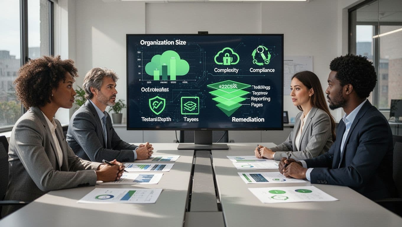 Modern illustration of a diverse business team of three in a contemporary office discussing key cybersecurity audit pricing influences on a shared screen and documents, featuring charts for organization size, cloud icons for complexity, compliance badges, testing layers, reporting, and remediation steps.