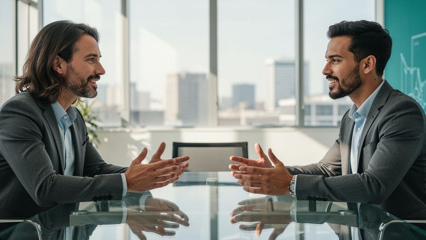 Two cybersecurity professionals, a hiring manager and security candidate, seated across a conference table in a bright modern office, engaged in animated discussion with natural hand gestures and expressive faces.