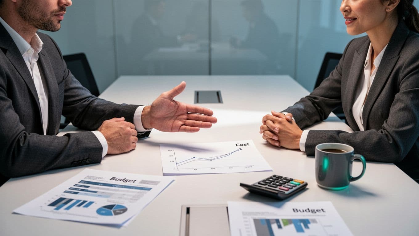 Modern illustration of a cybersecurity consultant and business owner at a conference table, reviewing budget charts, calculator, and coffee mug, with the consultant pointing to a simple cost graph.