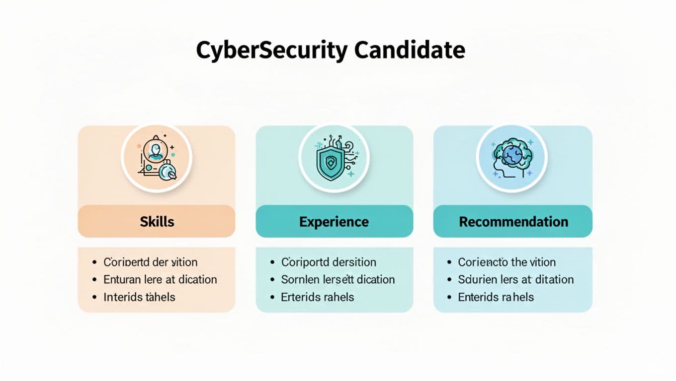 Modern flat design illustration of a structured cybersecurity candidate presentation template layout on a digital slide, featuring icons and blocks for skills, experience, and recommendations with green accents.