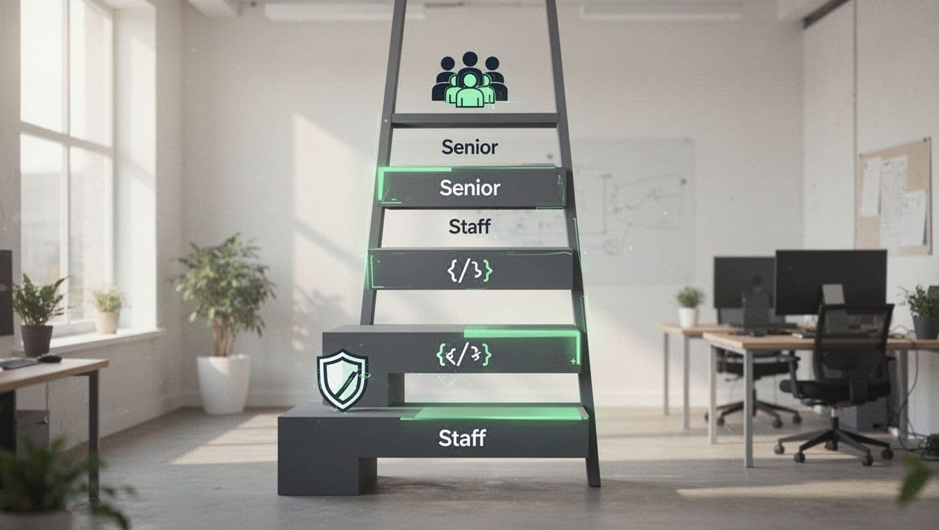 Career ladder for cybersecurity roles with four rungs featuring icons for growth stages and green accents on a simple office background.