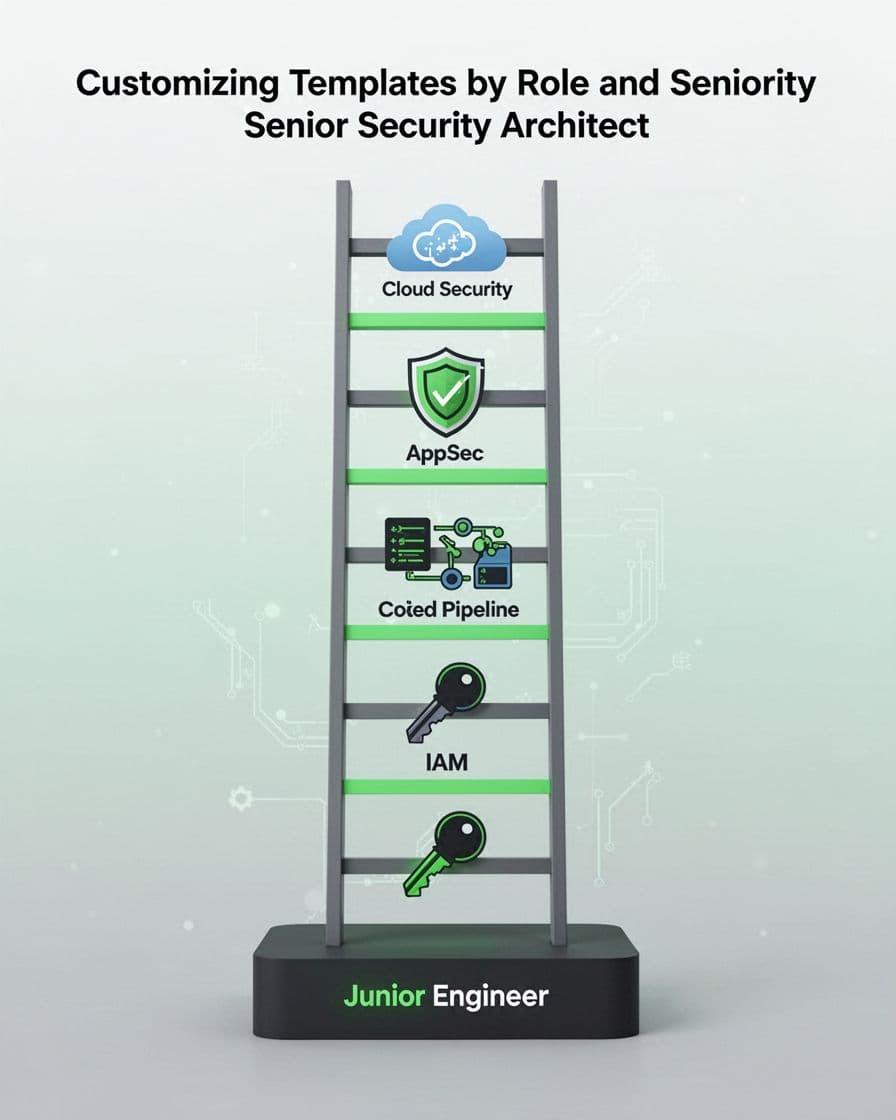 Illustration of a career ladder rising from junior engineer to senior security architect, with icons representing cloud security, AppSec code pipeline, and IAM at each level on a clean gradient background.