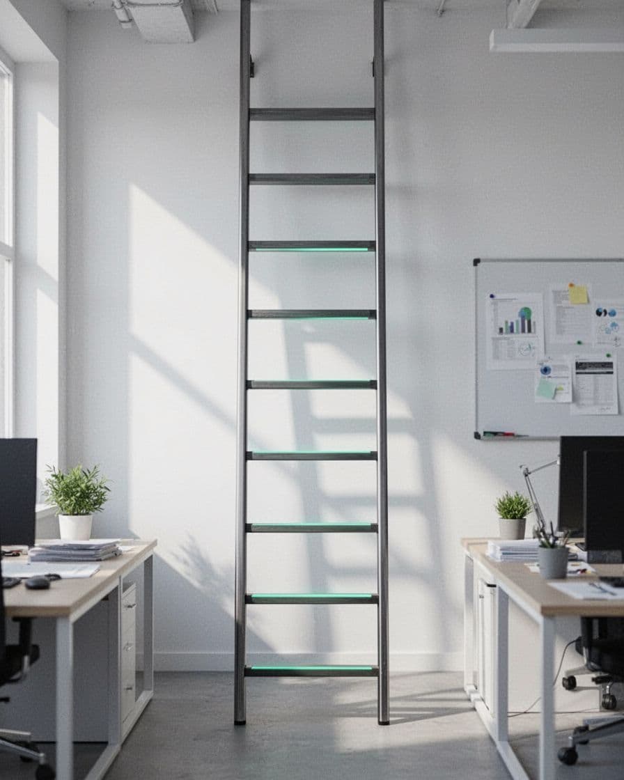 Modern illustration of a career ladder in cybersecurity featuring rungs labeled L1 to L6 across paths like security engineering, detection response, and GRC, in a clean professional workspace with soft lighting and green accents.